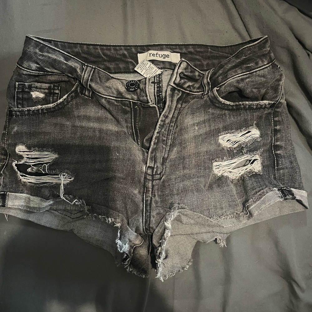 Refuge Charcoal Distressed Denim Shorts
